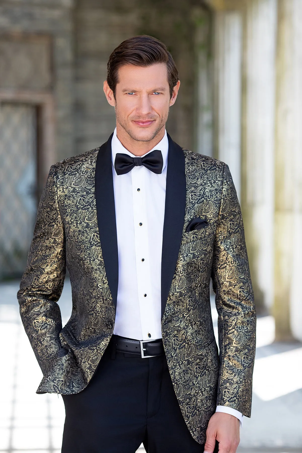 Aria Paisley Shawl lapel Dinner Jacket Tuxedo Rental In Metallic Gold