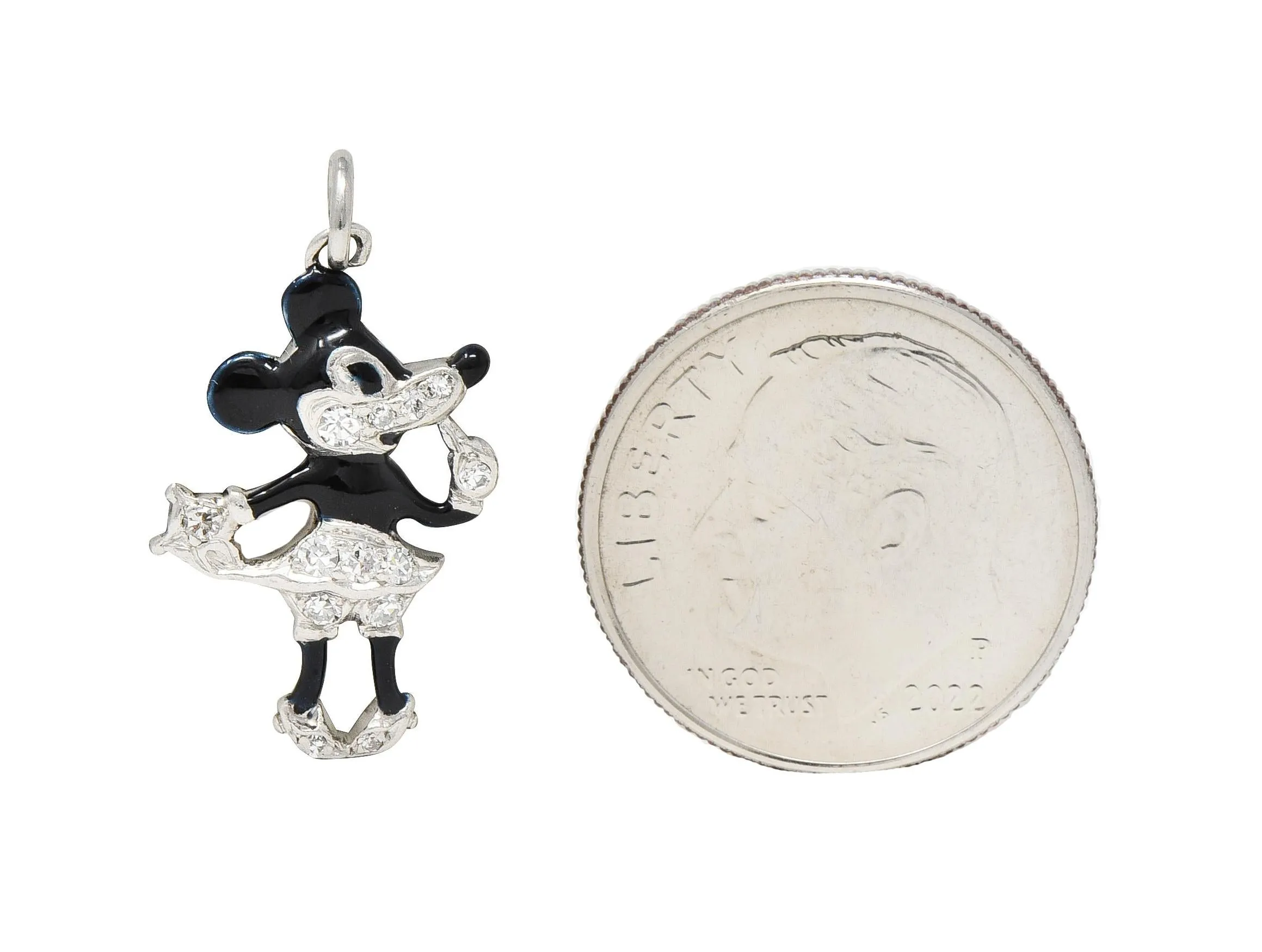 Art Deco Diamond Enamel Platinum Minnie Mouse Vintage Disney Charm