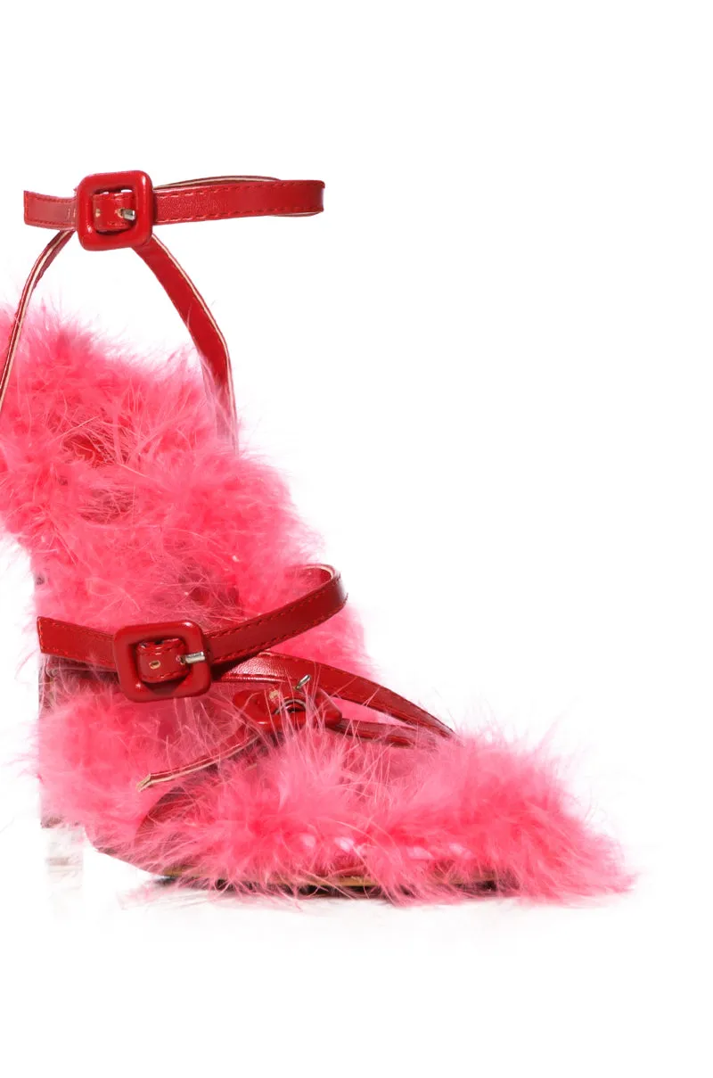 AZALEA WANG BODHI RED AND BLACK FUZZY STILLETO SANDAL