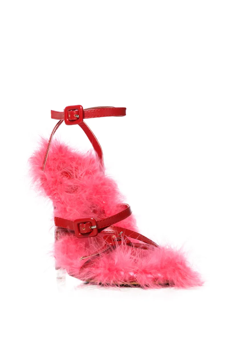 AZALEA WANG BODHI RED AND BLACK FUZZY STILLETO SANDAL