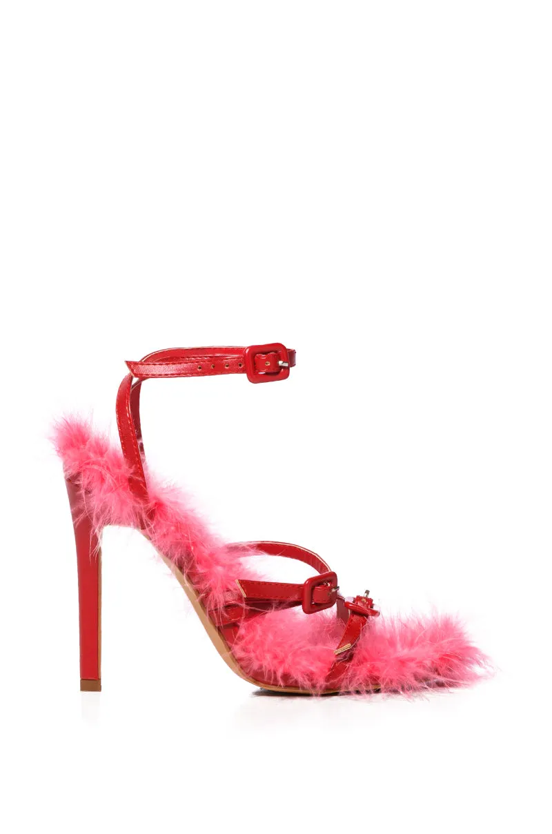 AZALEA WANG BODHI RED AND BLACK FUZZY STILLETO SANDAL