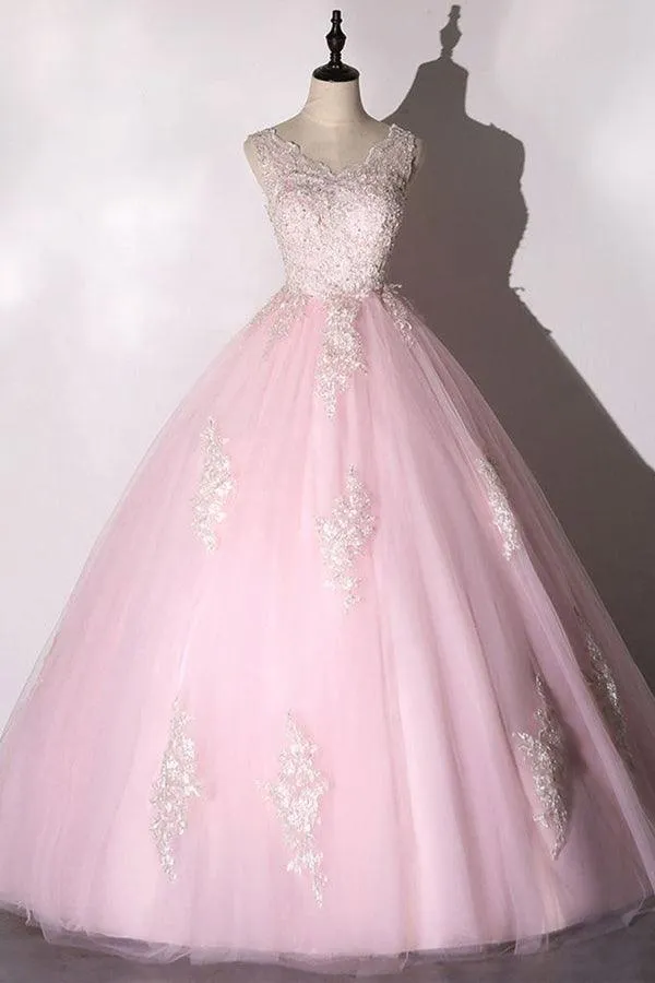 Ball Gown Pink V-neck Prom Dress Tulle Applique Long Evening Dress TP1060