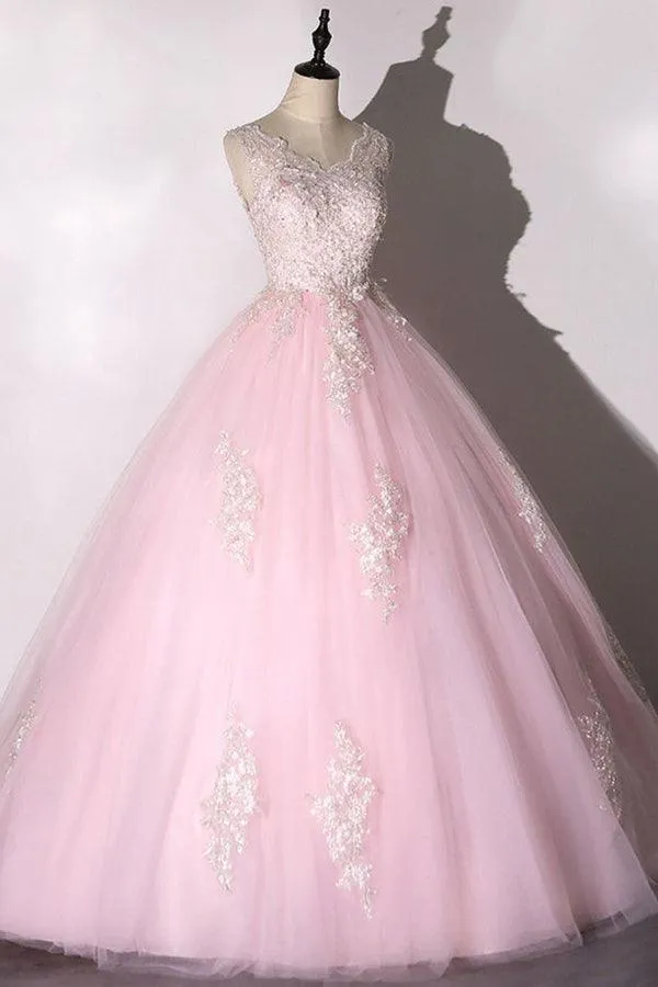 Ball Gown Pink V-neck Prom Dress Tulle Applique Long Evening Dress TP1060