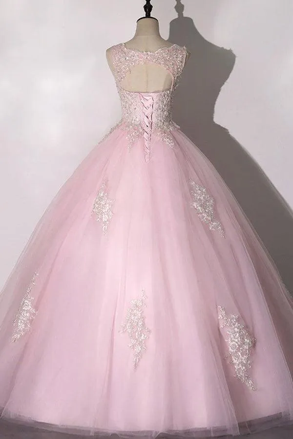 Ball Gown Pink V-neck Prom Dress Tulle Applique Long Evening Dress TP1060