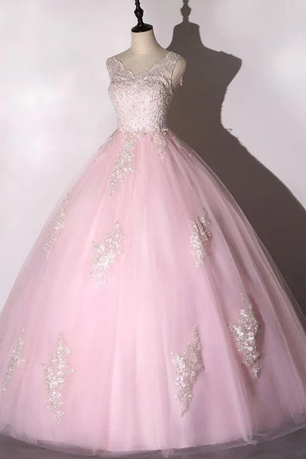 Ball Gown Pink V-neck Prom Dress Tulle Applique Long Evening Dress TP1060