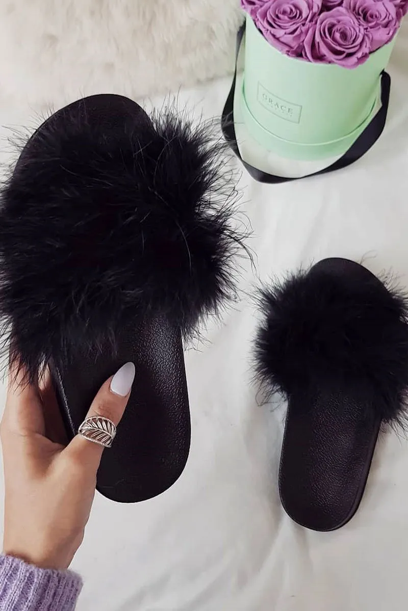 Black Faux Feather Sliders - Maci