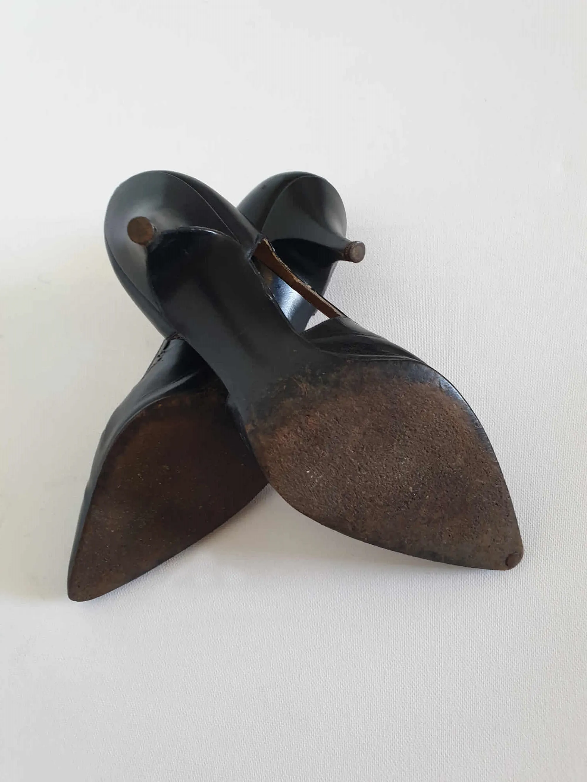 Black Leather Shoes With Cut Out Sides by Gold Cross - 1960s - Size 5.5C