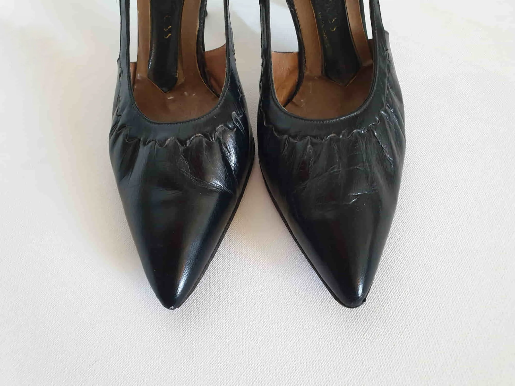 Black Leather Shoes With Cut Out Sides by Gold Cross - 1960s - Size 5.5C