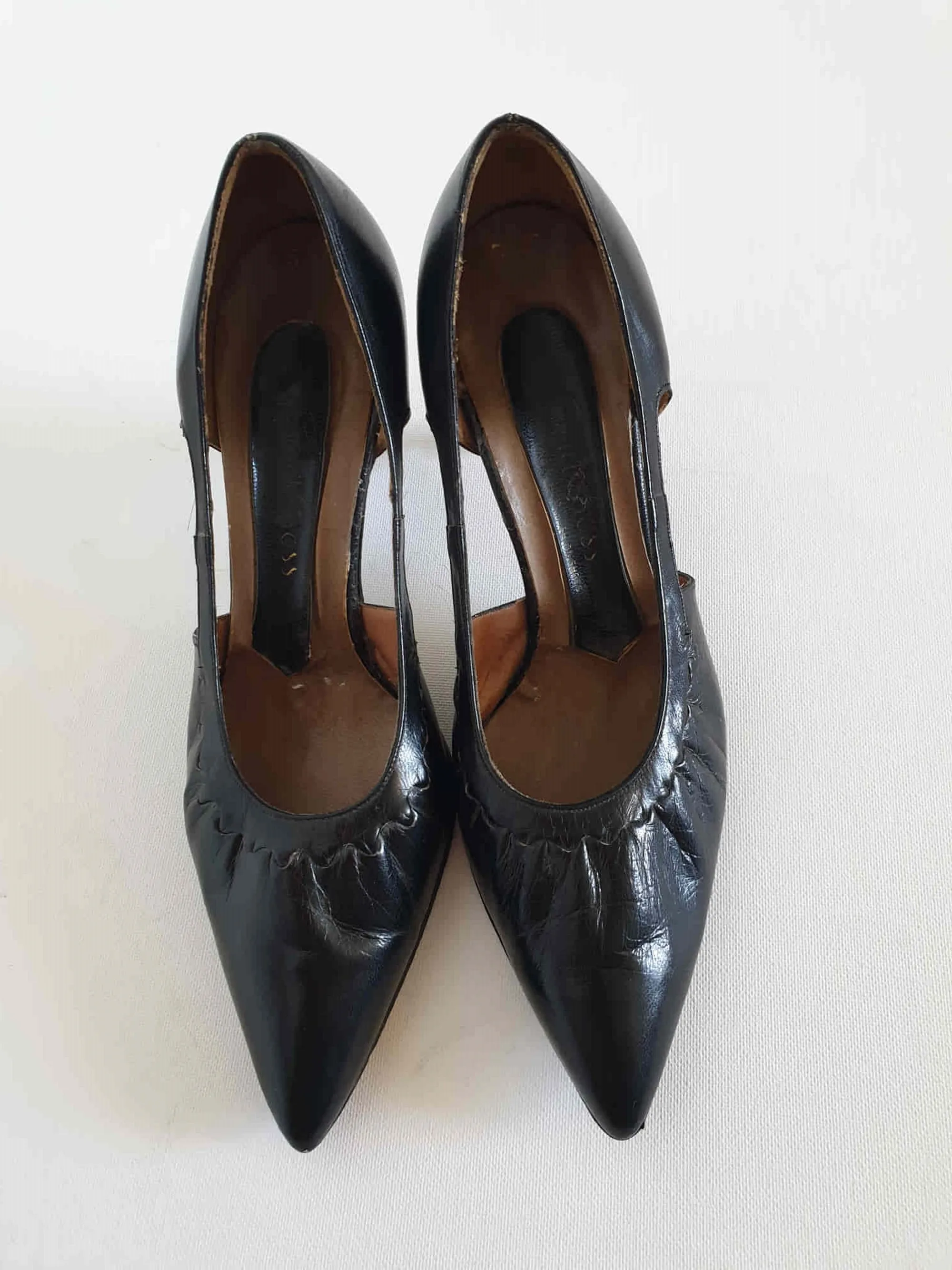 Black Leather Shoes With Cut Out Sides by Gold Cross - 1960s - Size 5.5C