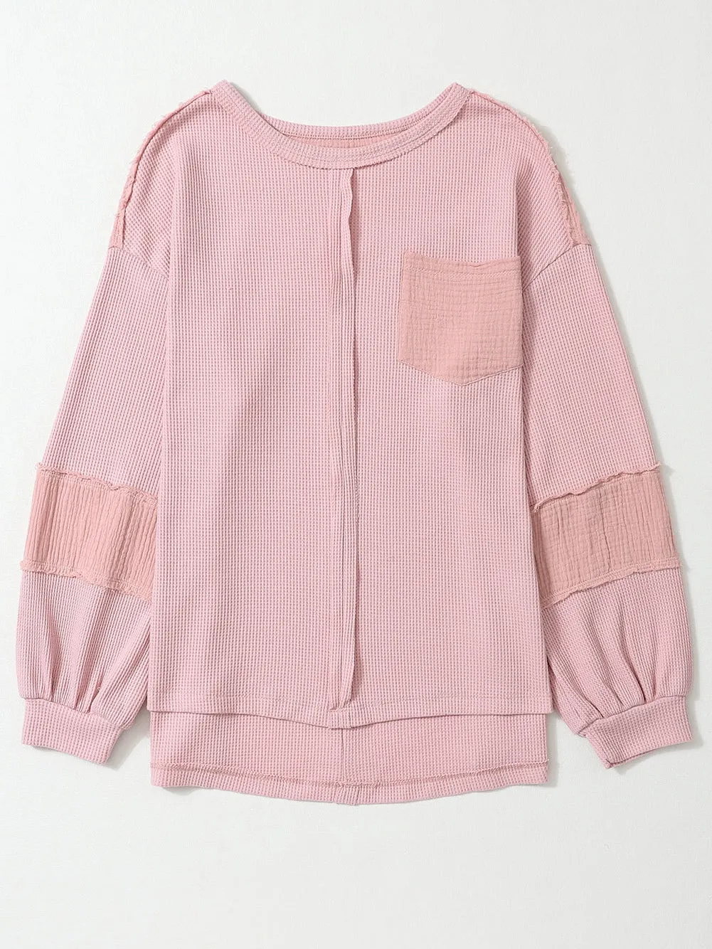 Bubble Sleeve Pink Waffle Knit Top with Exposed Seam Details