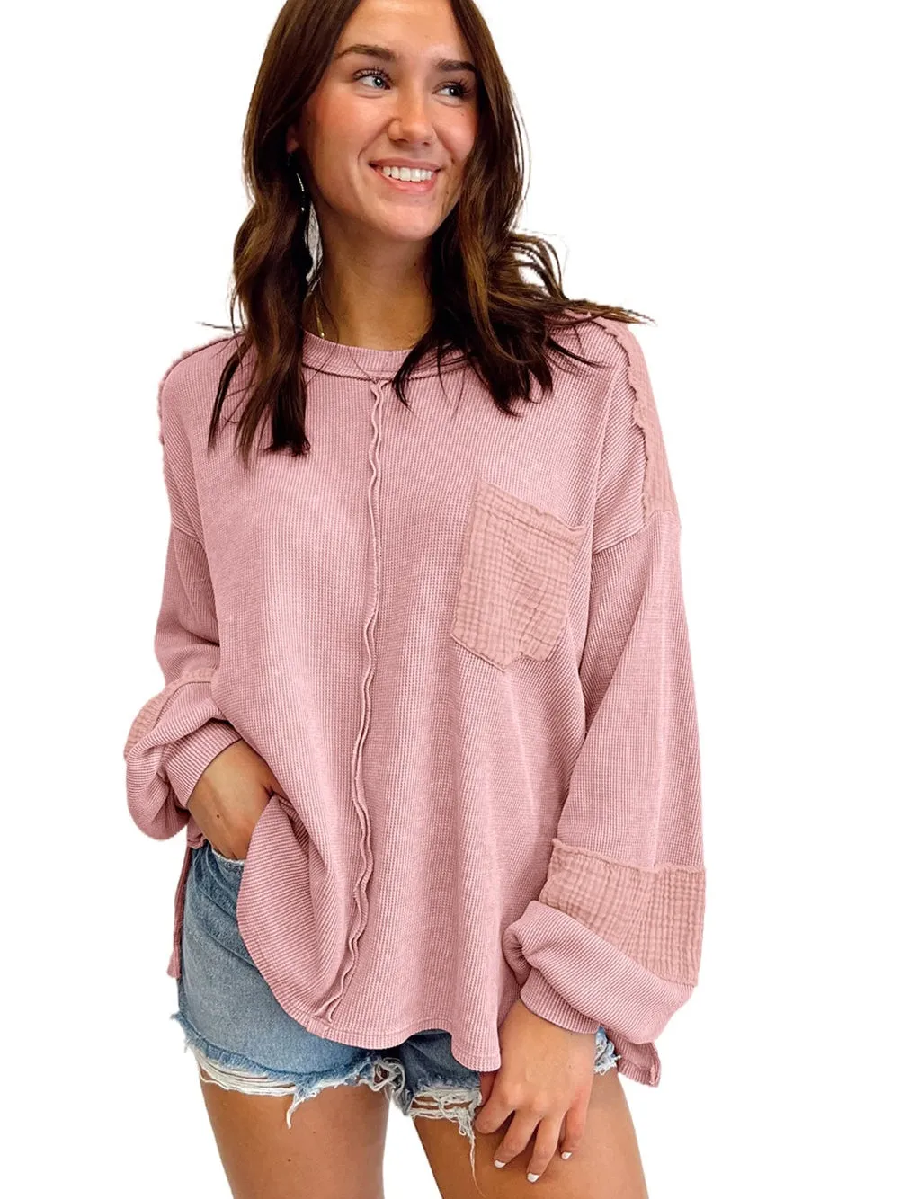 Bubble Sleeve Pink Waffle Knit Top with Exposed Seam Details