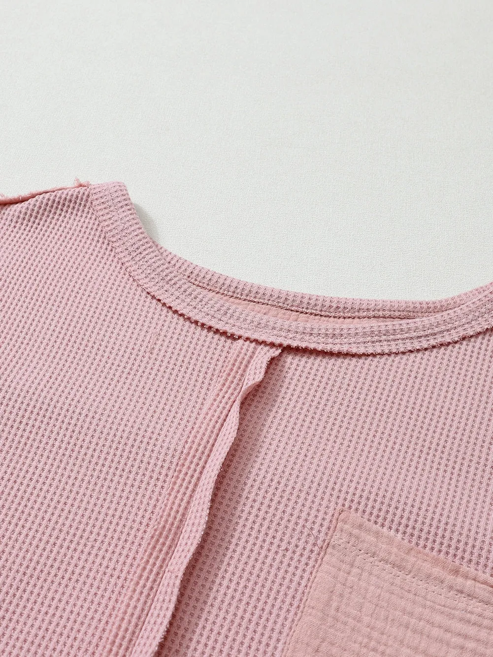 Bubble Sleeve Pink Waffle Knit Top with Exposed Seam Details