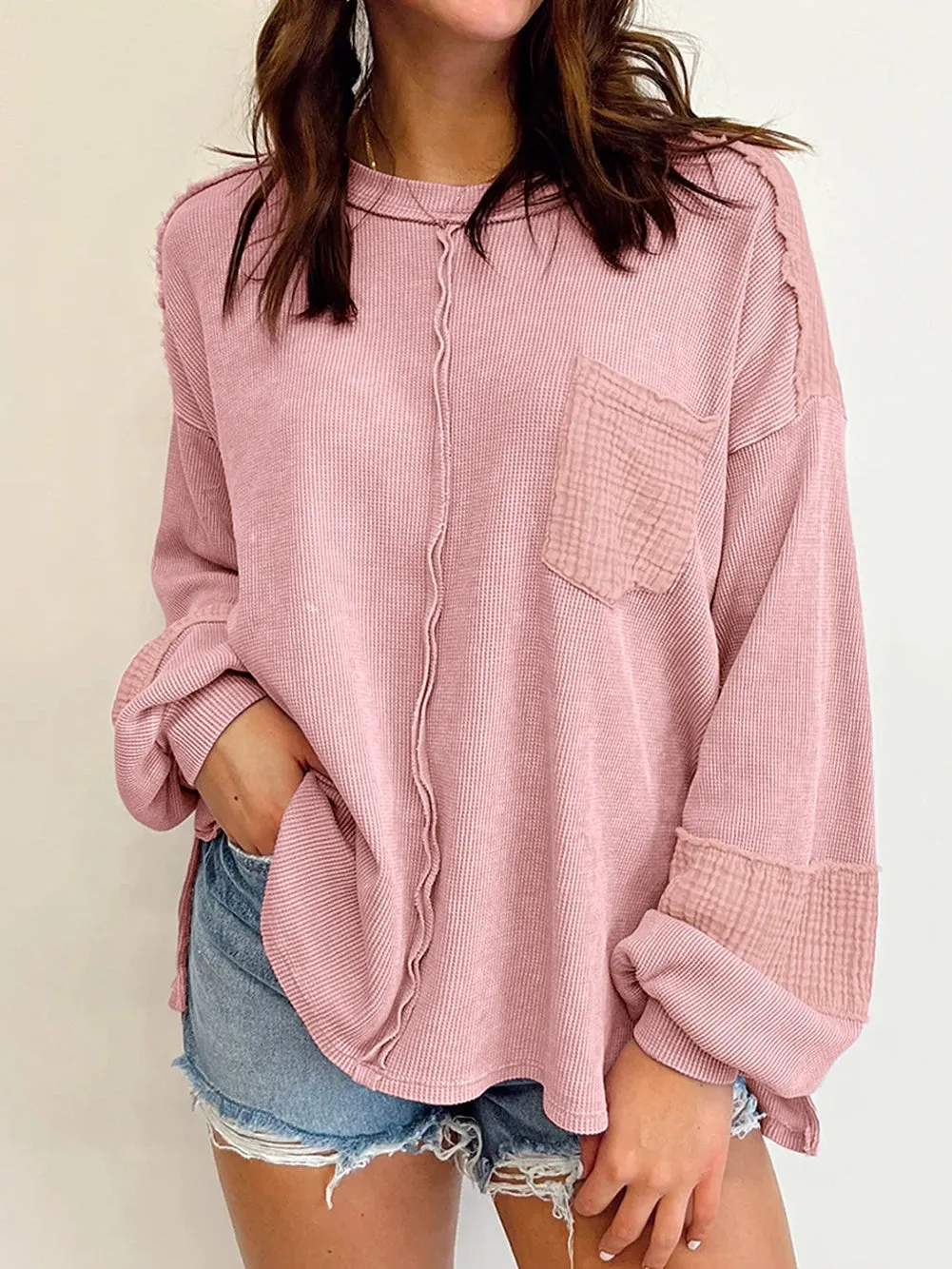 Bubble Sleeve Pink Waffle Knit Top with Exposed Seam Details