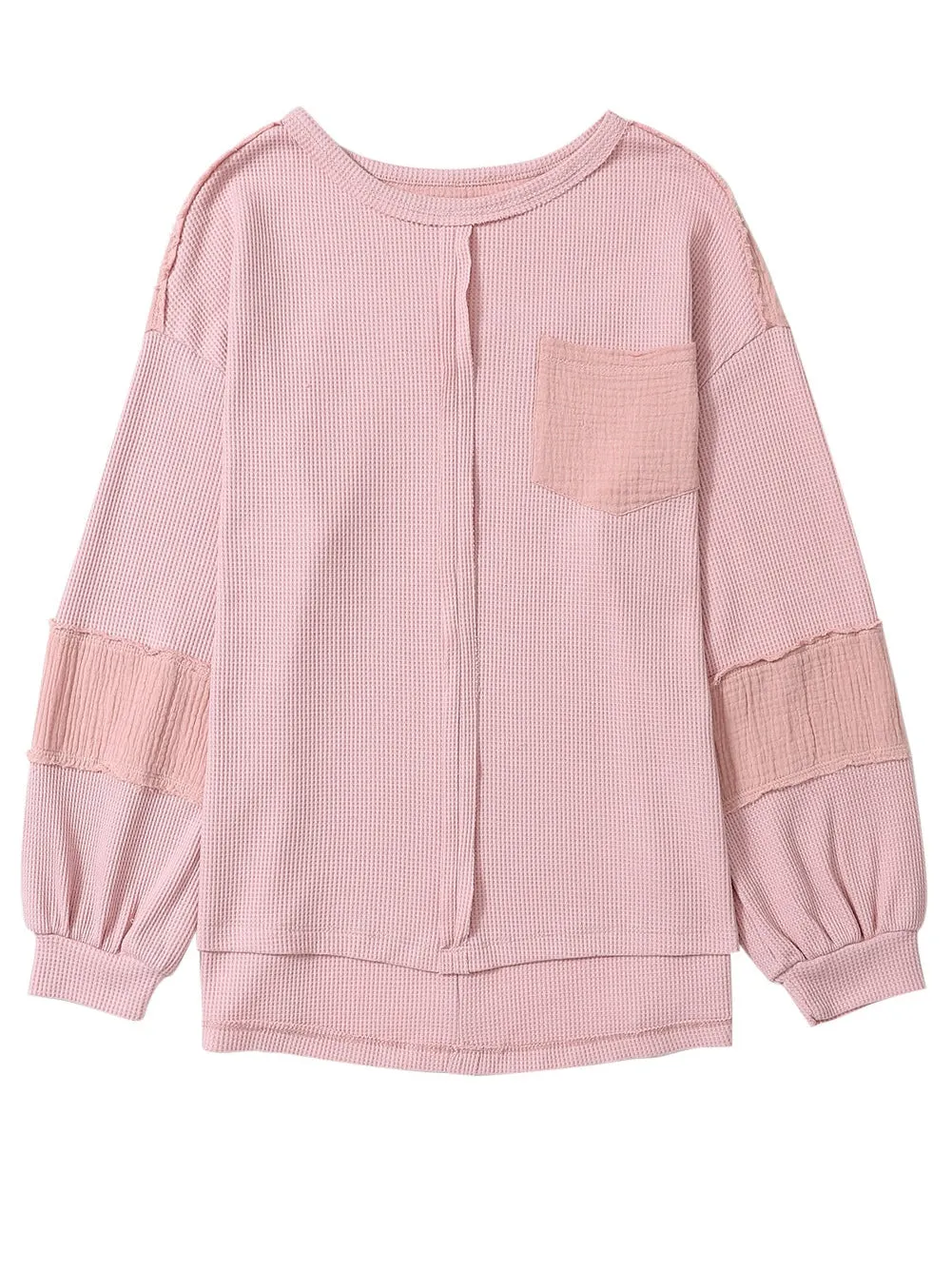 Bubble Sleeve Pink Waffle Knit Top with Exposed Seam Details