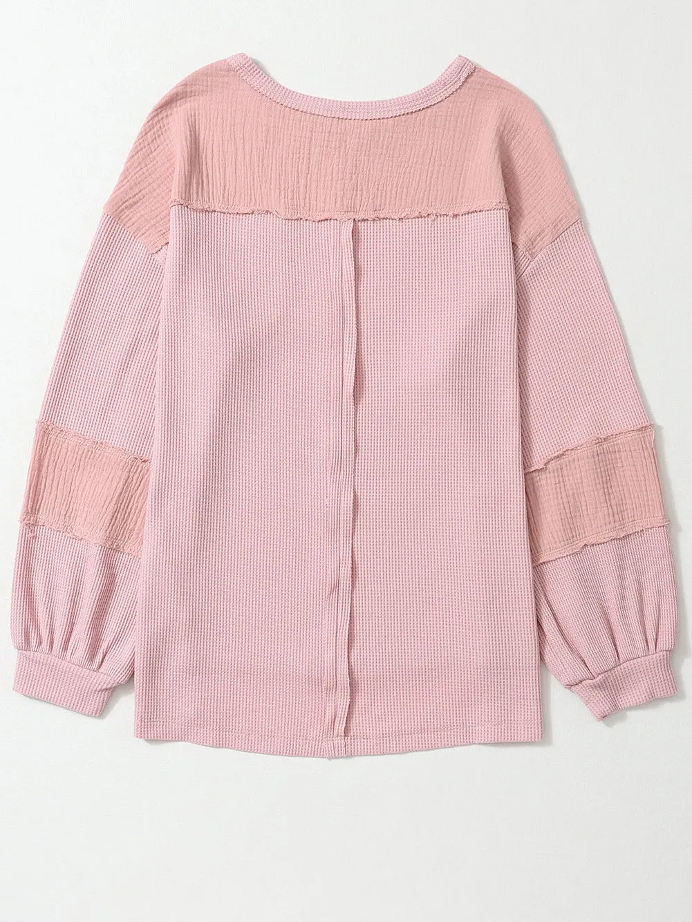 Bubble Sleeve Pink Waffle Knit Top with Exposed Seam Details