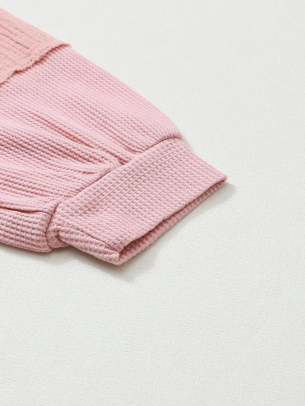 Bubble Sleeve Pink Waffle Knit Top with Exposed Seam Details