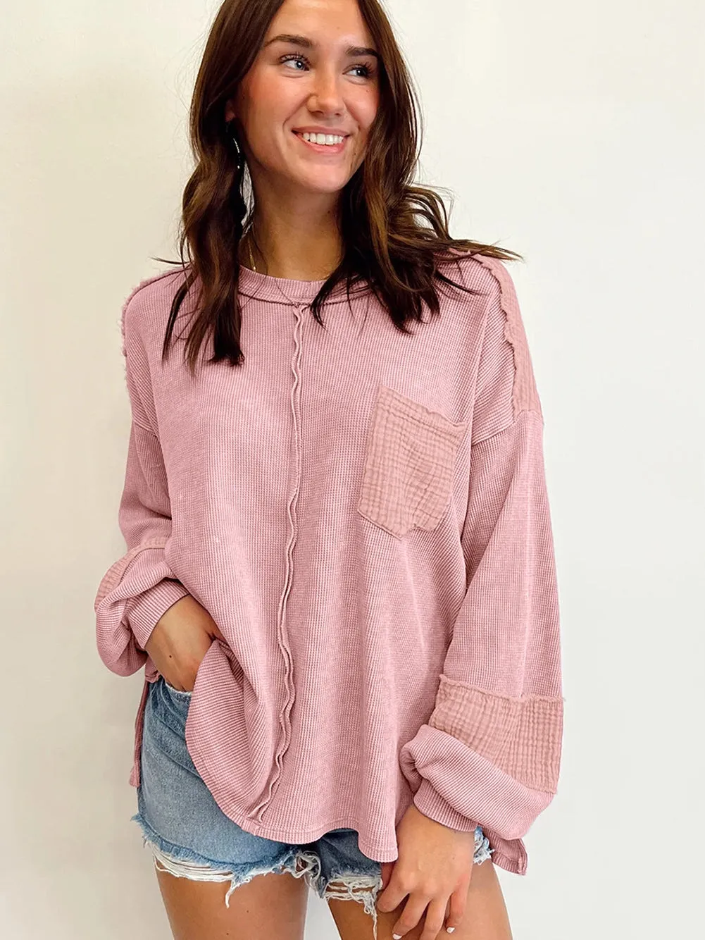 Bubble Sleeve Pink Waffle Knit Top with Exposed Seam Details