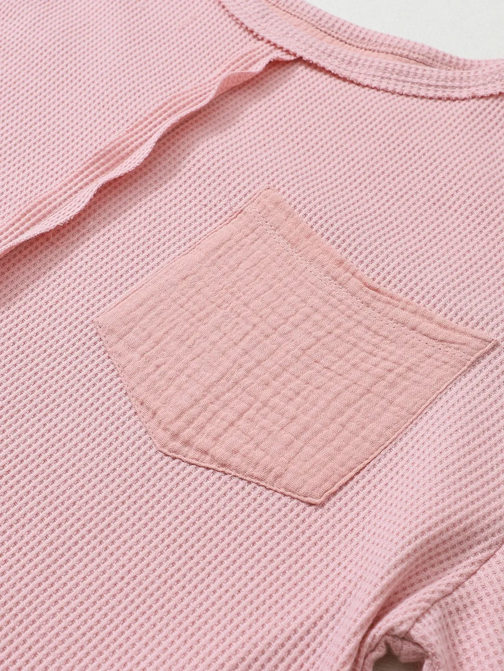 Bubble Sleeve Pink Waffle Knit Top with Exposed Seam Details