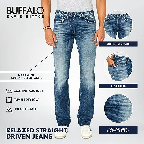 Buffalo David Bitton Men's Relaxed Straight Driven Jeans, Authentic and Sanded Indigo, 31W x 32L