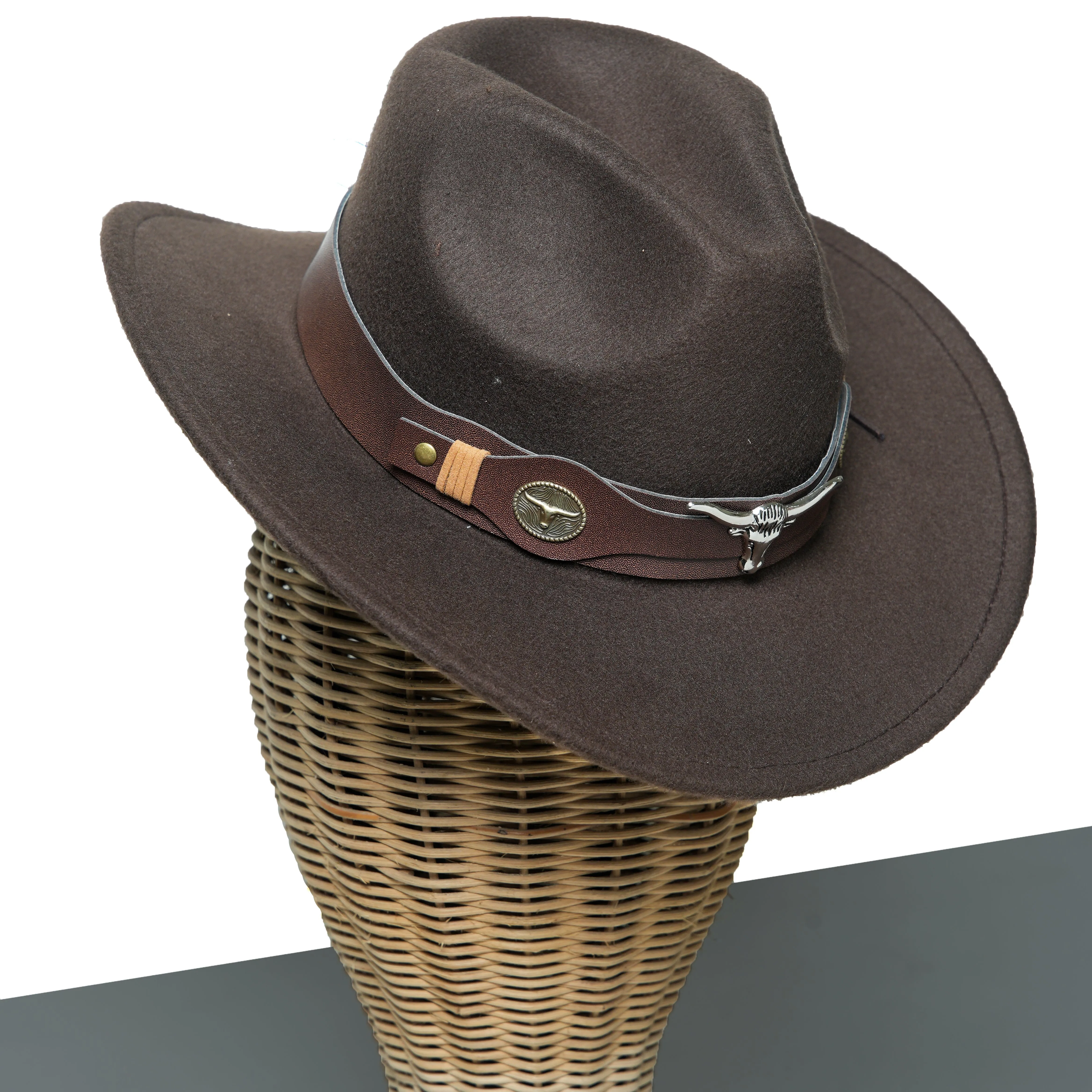 Chokore Pinched Cowboy Hat with Ox head Belt (Chocolate Brown)