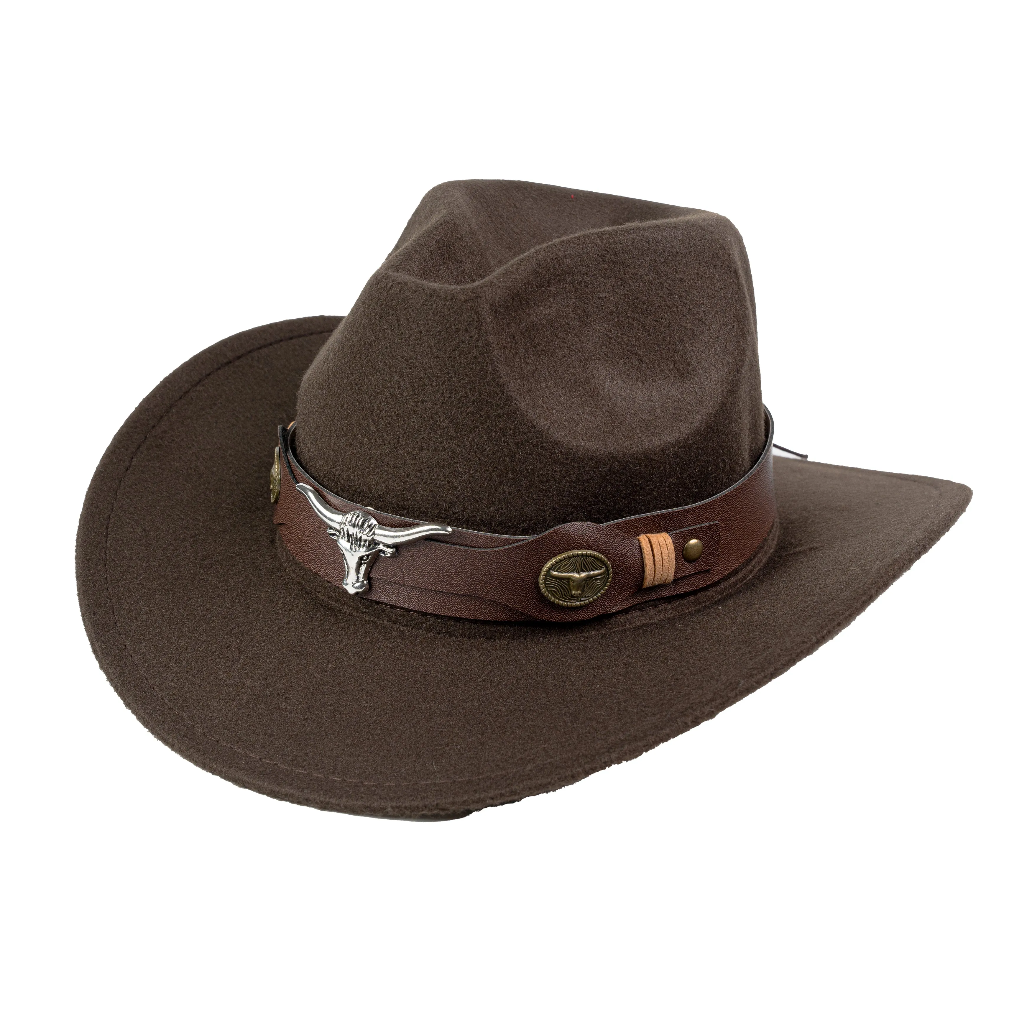 Chokore Pinched Cowboy Hat with Ox head Belt (Chocolate Brown)