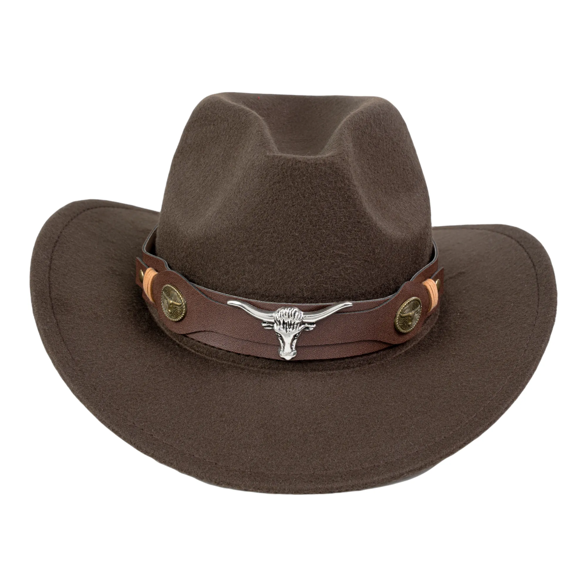 Chokore Pinched Cowboy Hat with Ox head Belt (Chocolate Brown)