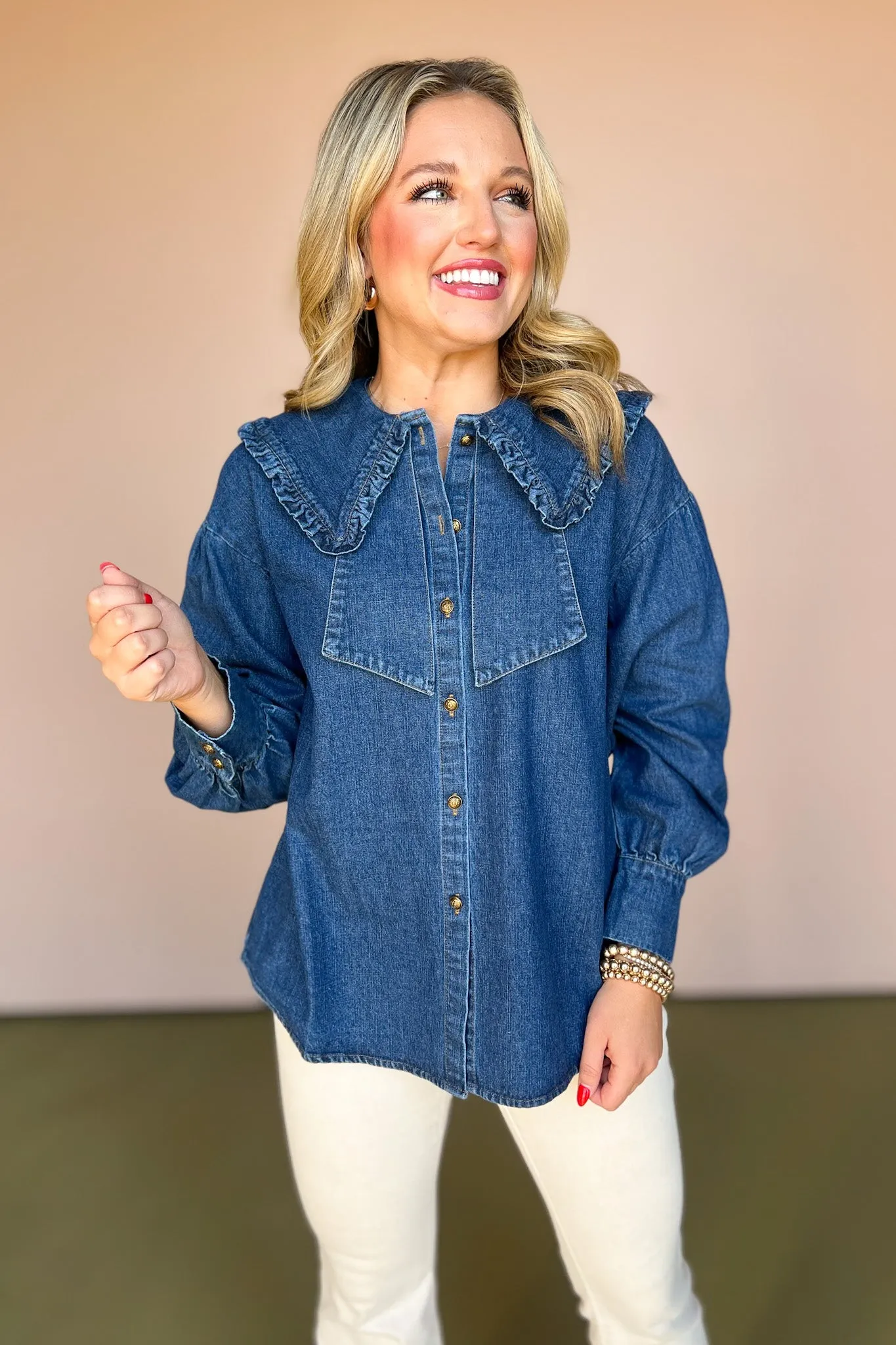 Denim Ruffled Peter Pan Collar Button Up Top