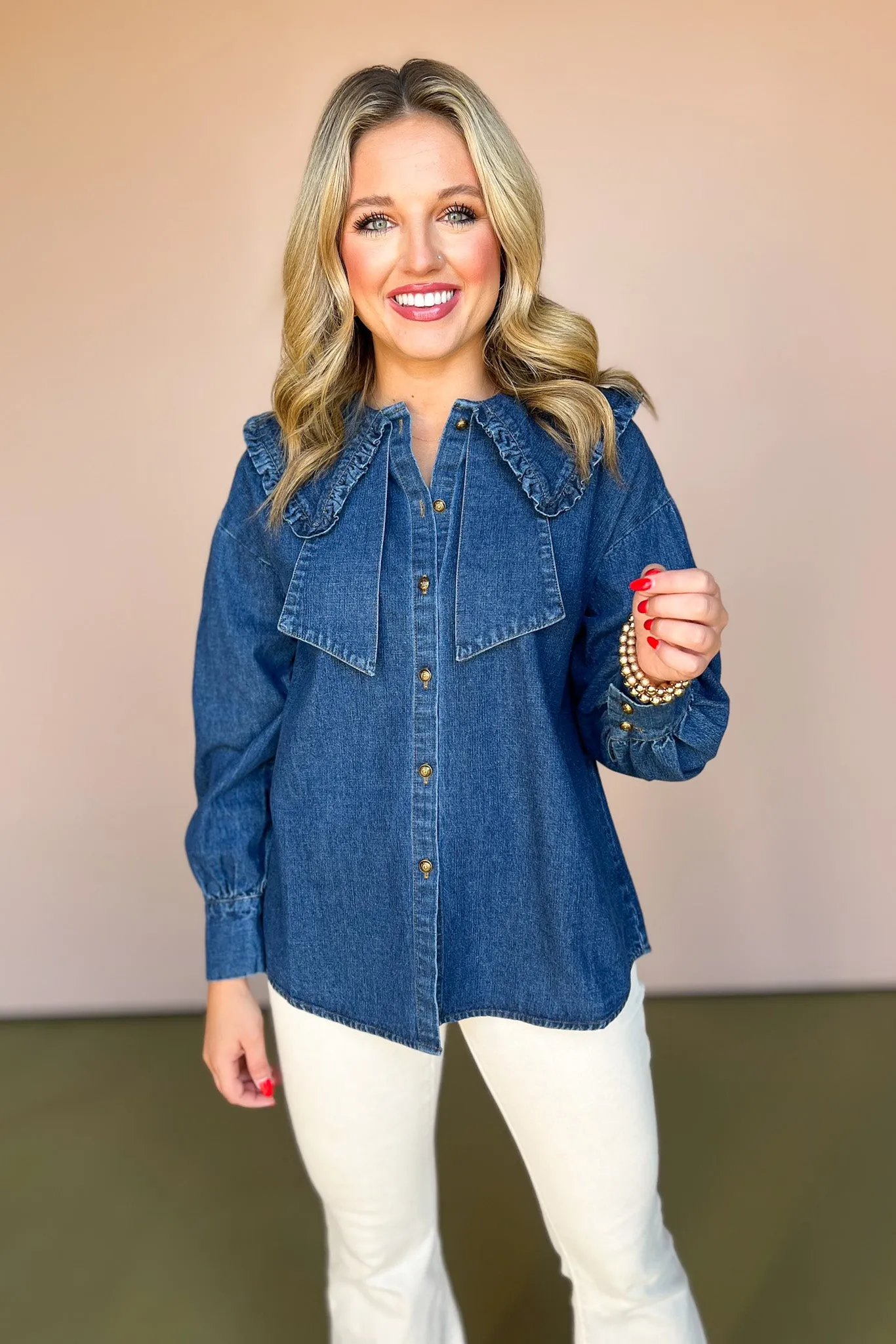 Denim Ruffled Peter Pan Collar Button Up Top