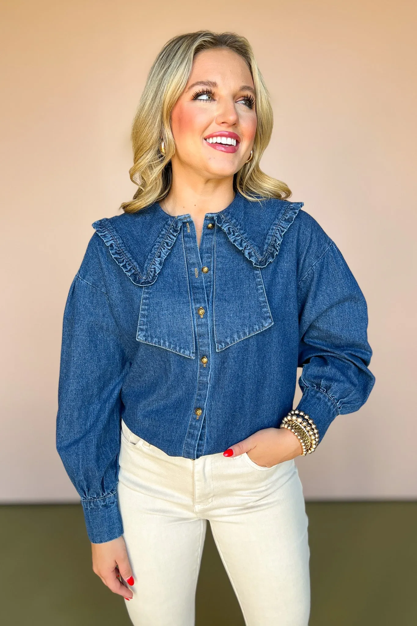 Denim Ruffled Peter Pan Collar Button Up Top