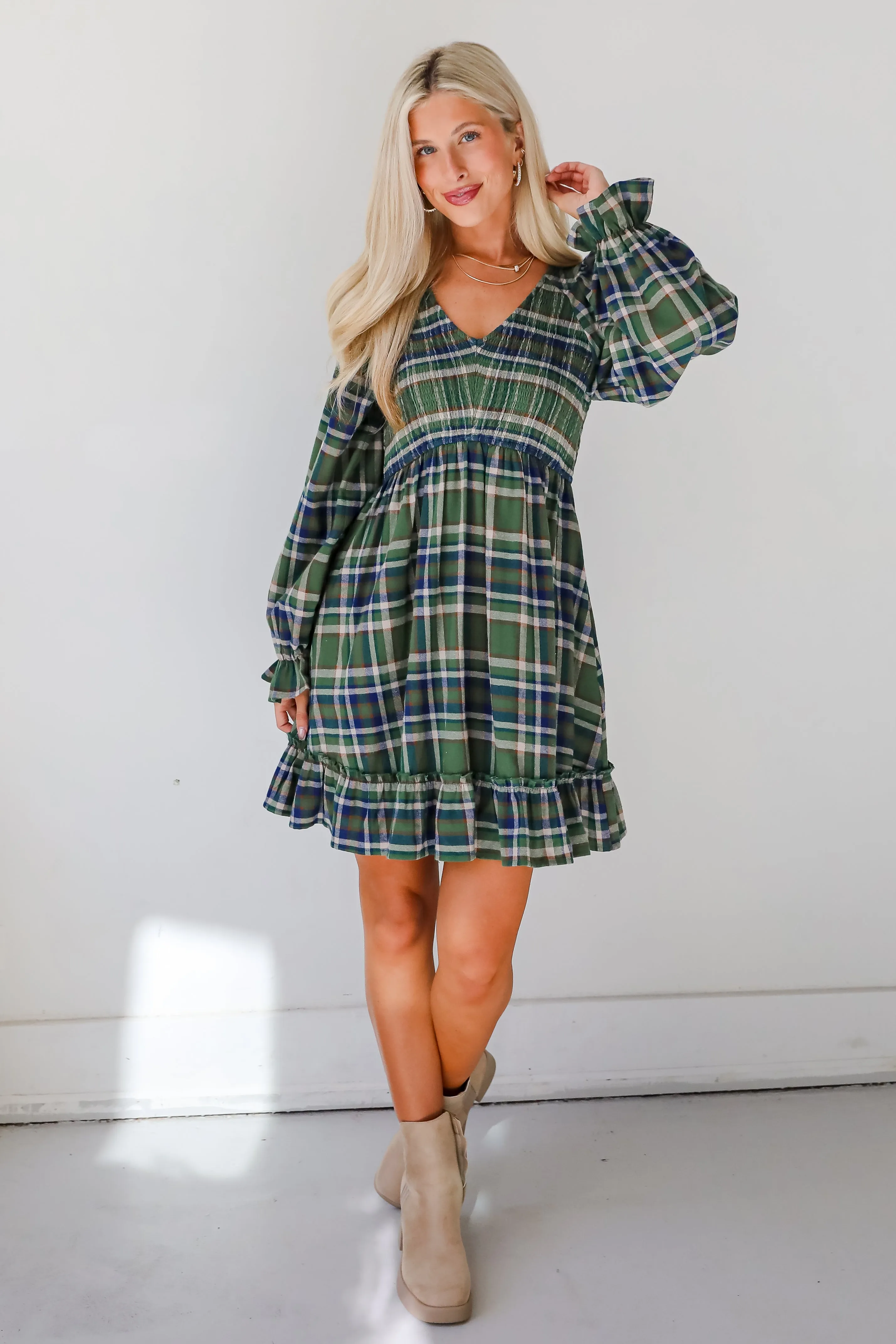 FINAL SALE - Ideal Attraction Green Plaid Mini Dress