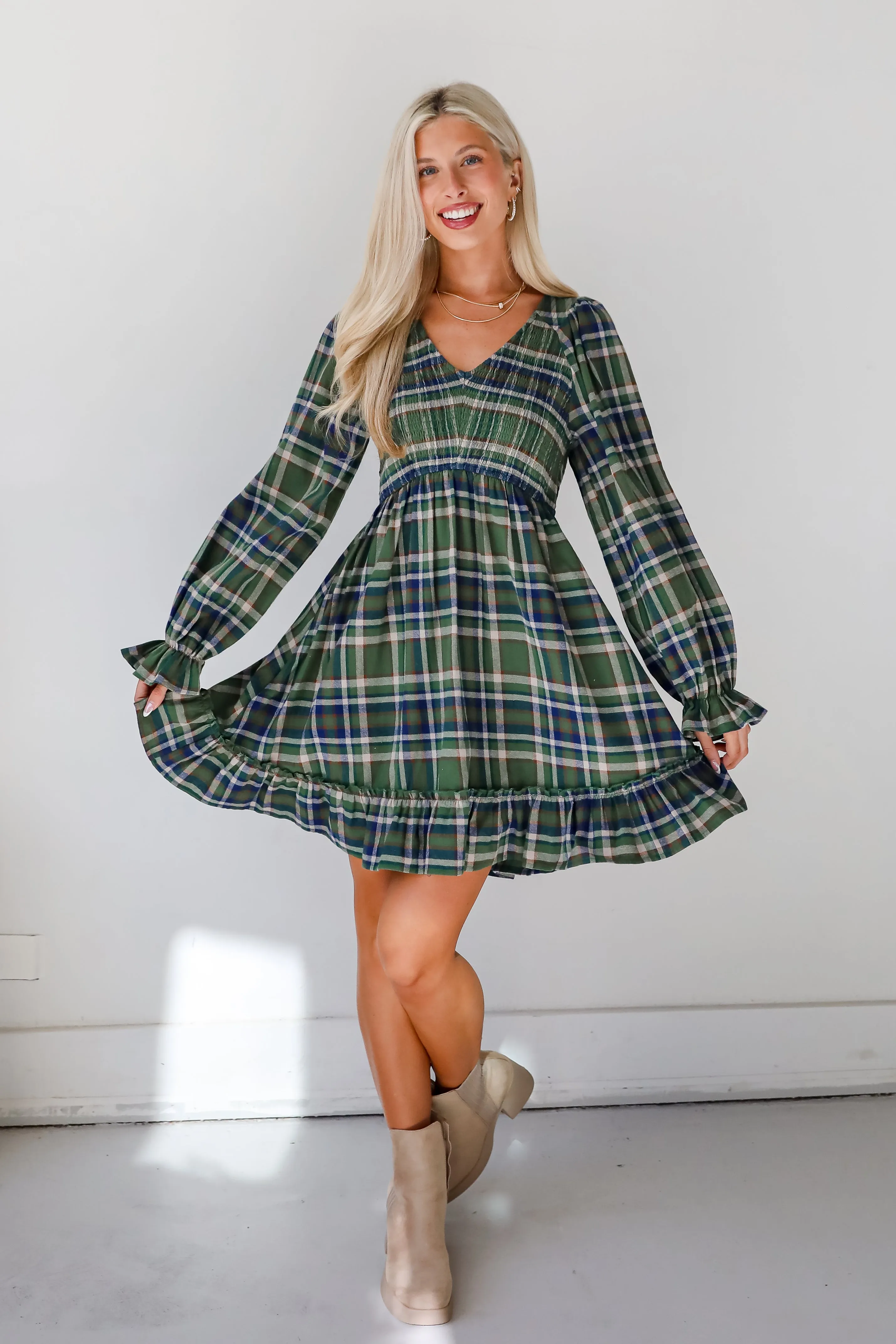 FINAL SALE - Ideal Attraction Green Plaid Mini Dress