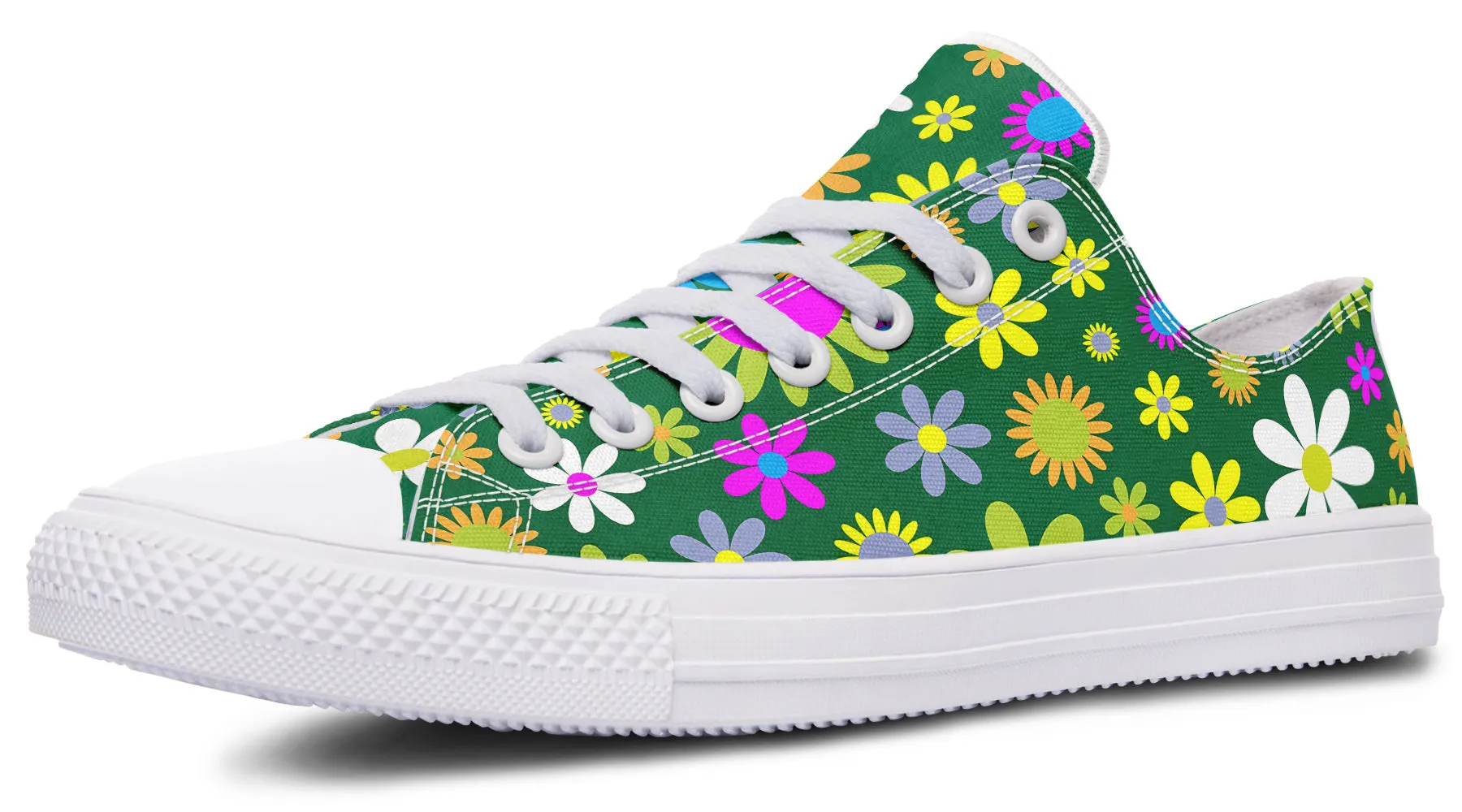 Green Retro Flowers Low Tops