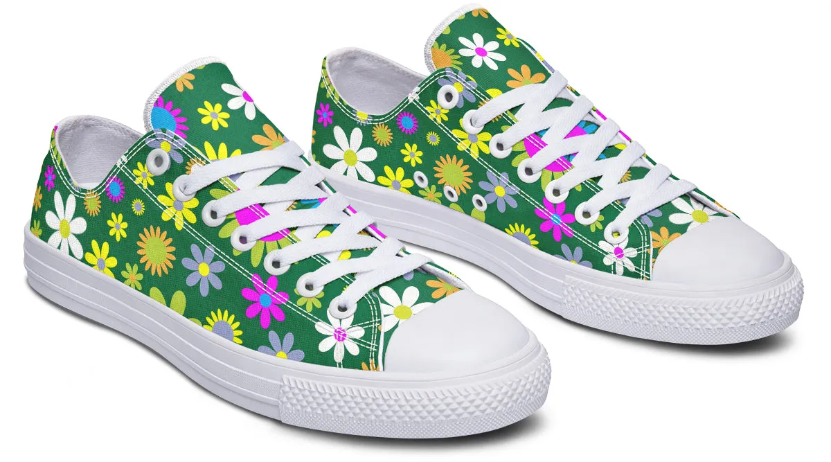 Green Retro Flowers Low Tops