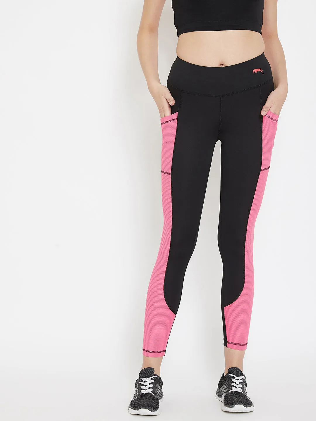 JUMP USA Women Black & Pink Colourblocked Active Wear Tights