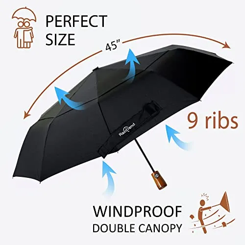 Large Windproof Double Canopy Umbrella for Rain - Travel Umbrella - Black