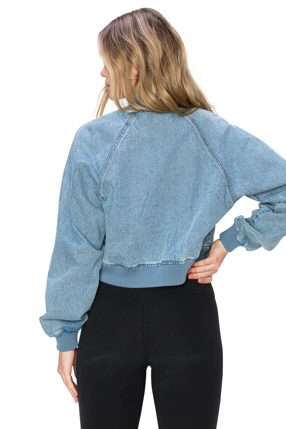 Long Sleeve Bomber Denim Jacket - Medium Wash