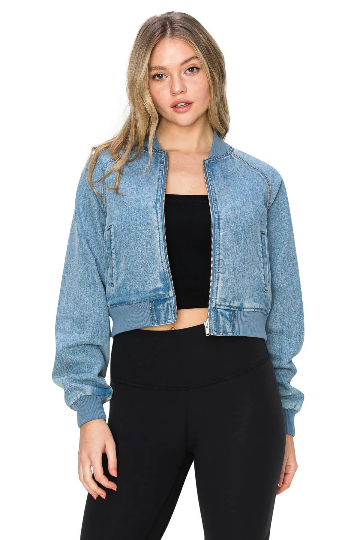 Long Sleeve Bomber Denim Jacket - Medium Wash