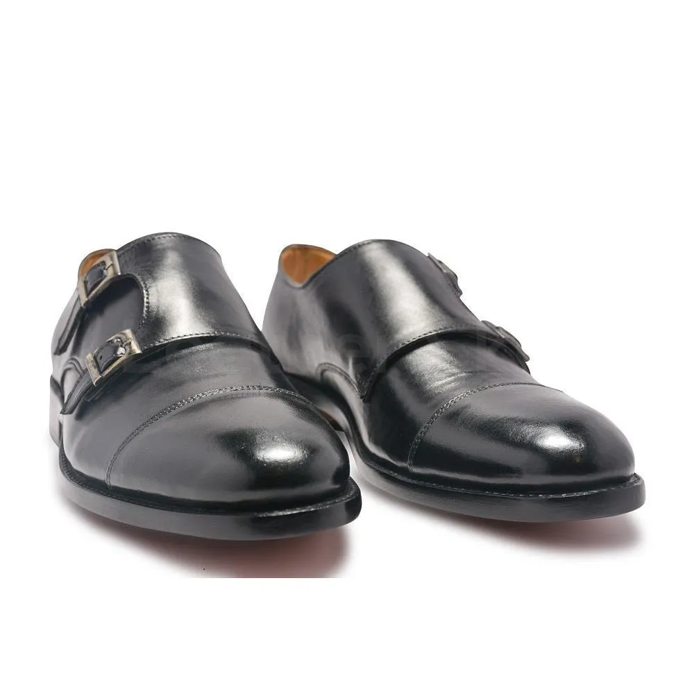 Men Double Monk Black Handmade Genuine Leather Shoes