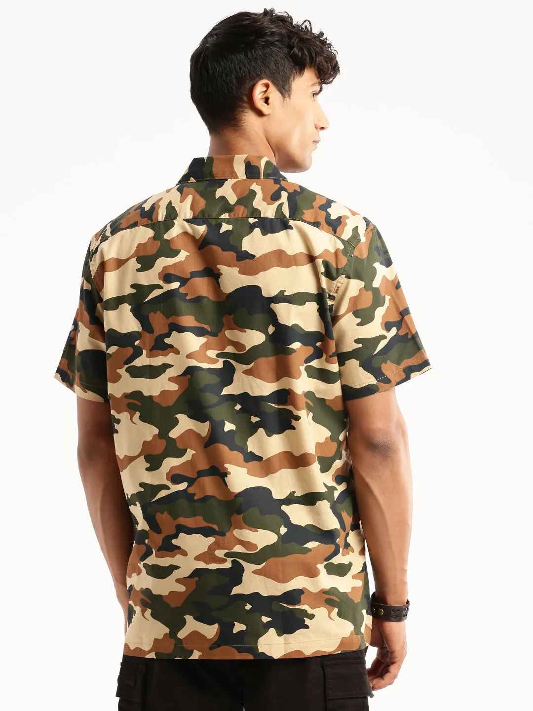 Men Olive Cuban Collar Camouflage Shirt