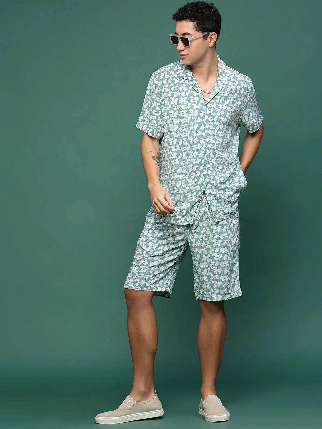 Men Sea Green Cuban Collar Printed Co Ords Set