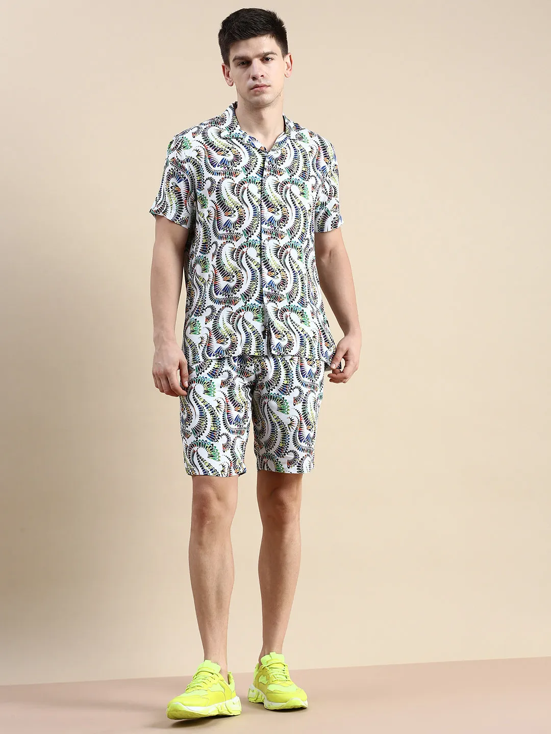 Men White Printed Casual Co ord Set