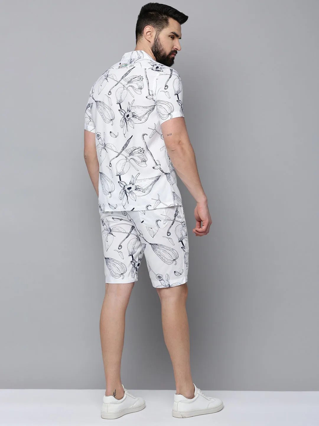 Men White Printed Casual Co-Ord Set