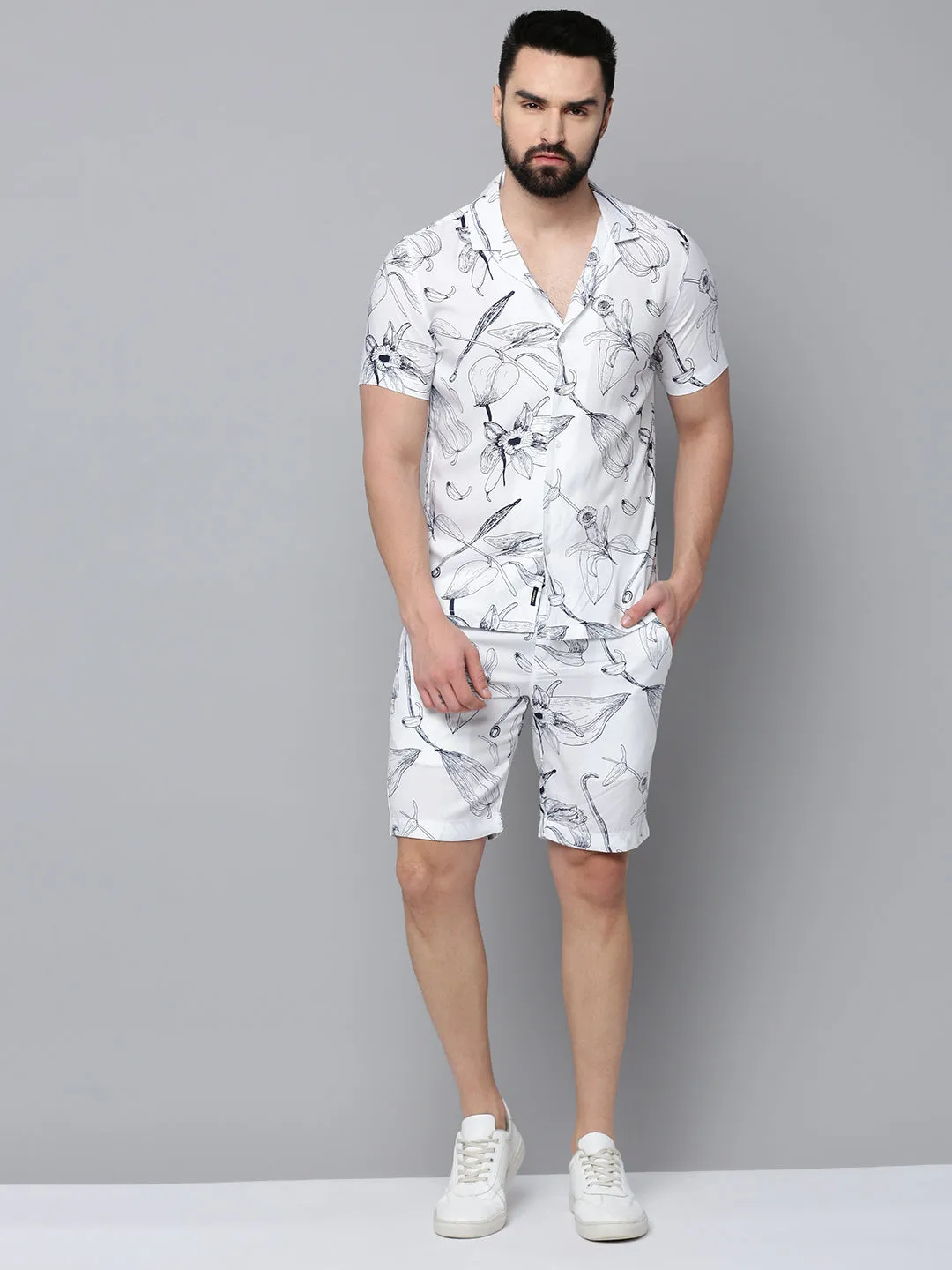 Men White Printed Casual Co-Ord Set