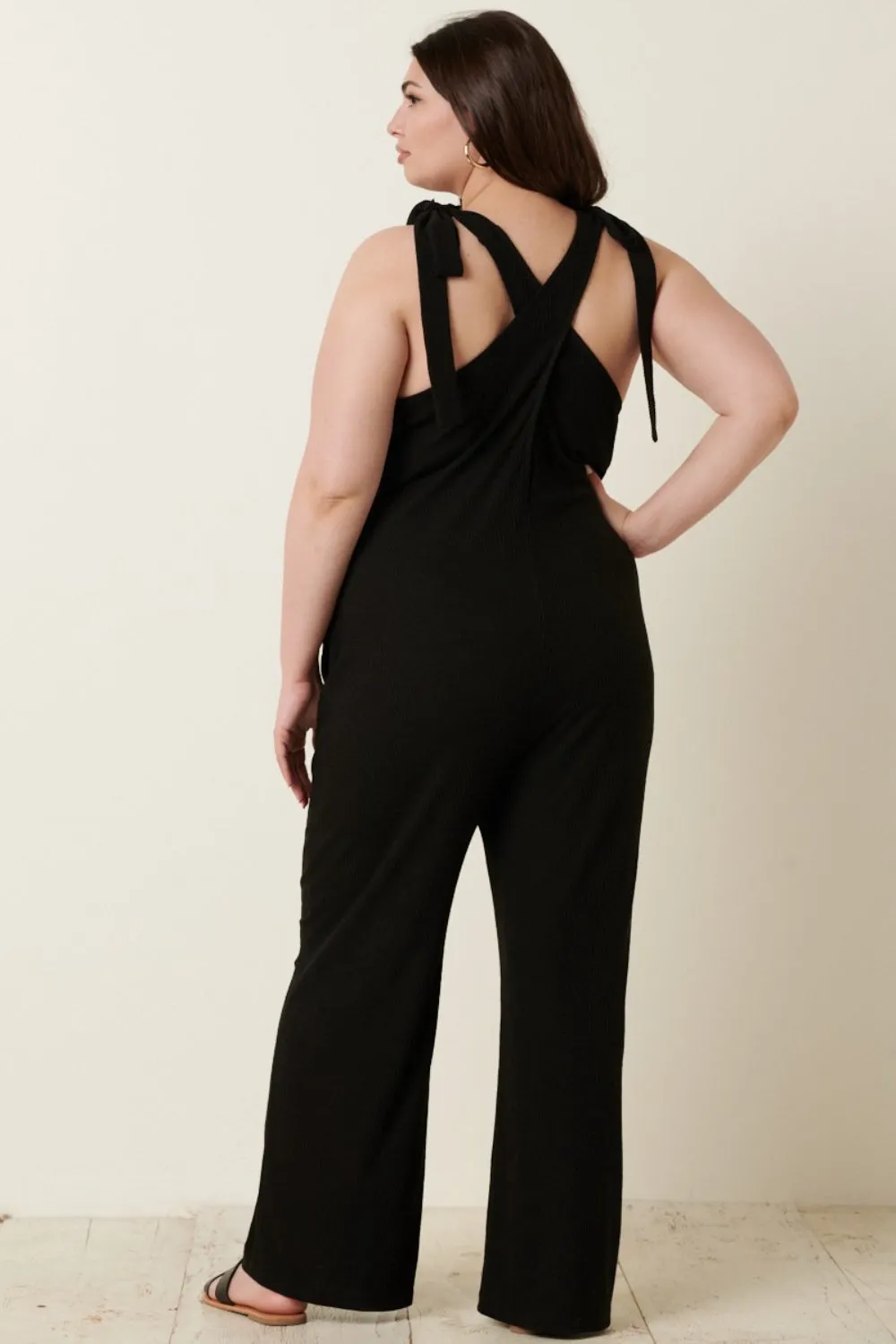 Rib Knit V-Neck Cross Back Jumpsuit