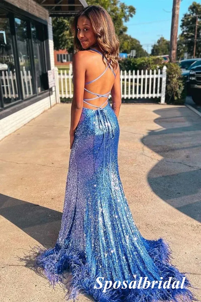 Sexy Sequin Spaghetti Straps Sleeveless Lace Up Back Side Slit Mermaid Long Prom Dresses, PD3731