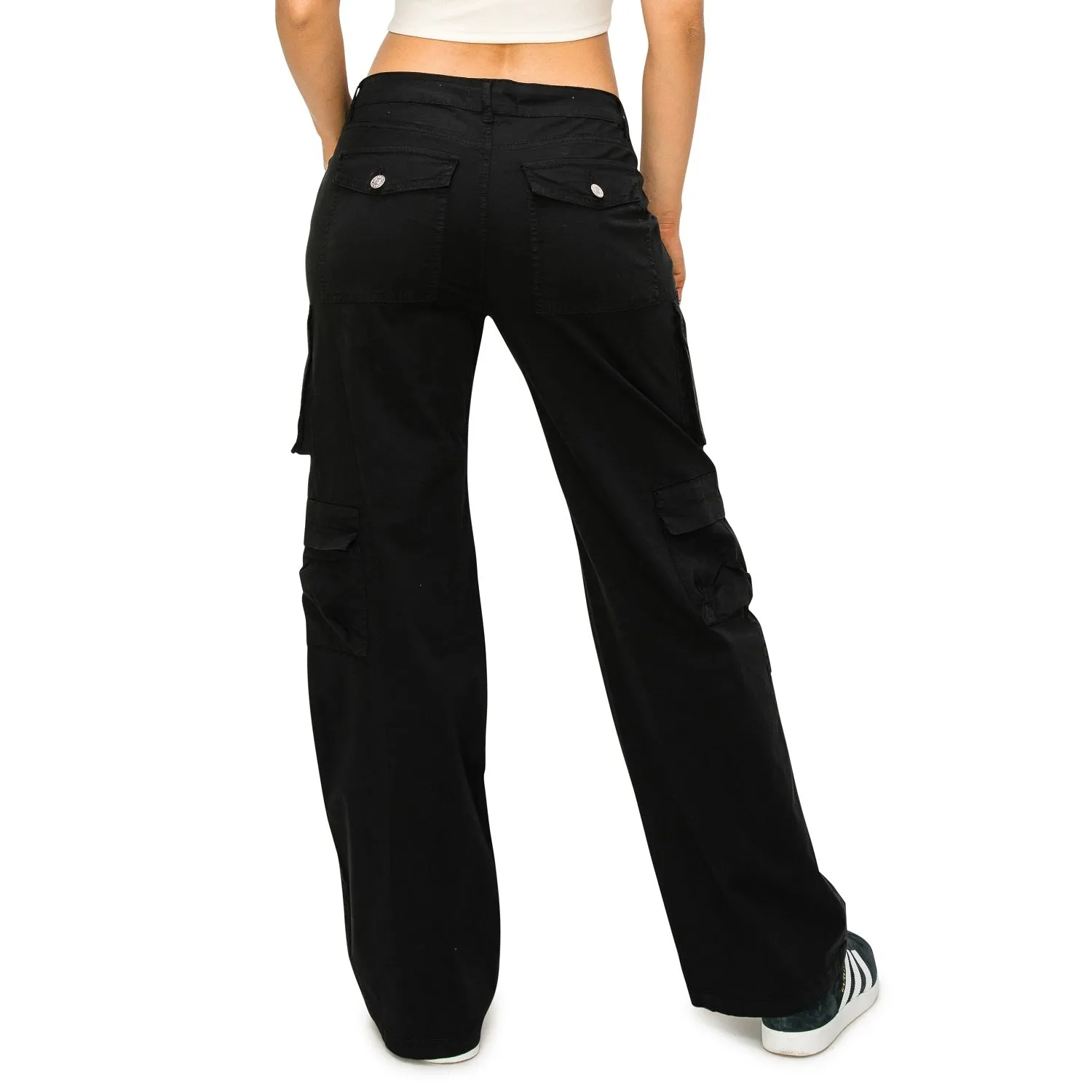 Stretch Twill Low Rise Multi Pockets Cargo Pants - Black