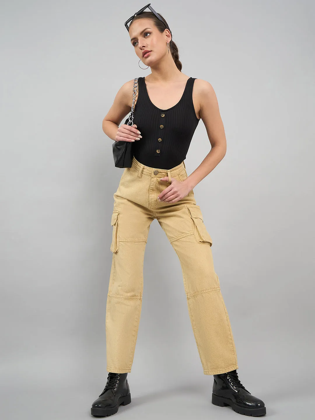 Style Quotient Women Khaki Relaxed Fit High Rise Cargos