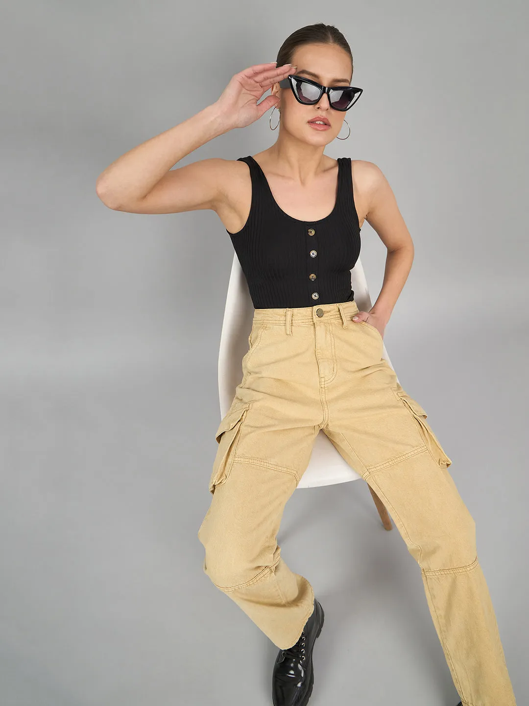 Style Quotient Women Khaki Relaxed Fit High Rise Cargos