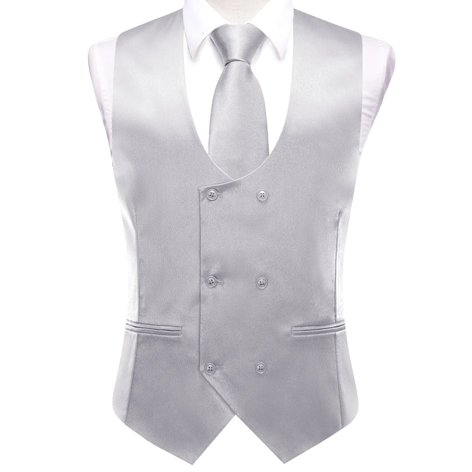 Ties2you Double Breasted Vest Mercury Grey Solid Mens Work Vest Tie Bowtie Set 5PC