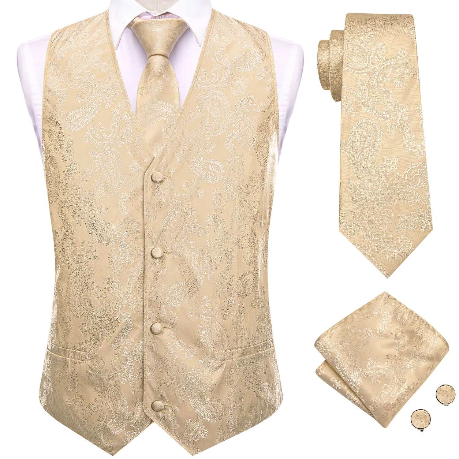 Ties2you Men's Vest Moccasin Yellow Jacquard Paisley Silk Vest Tie Set